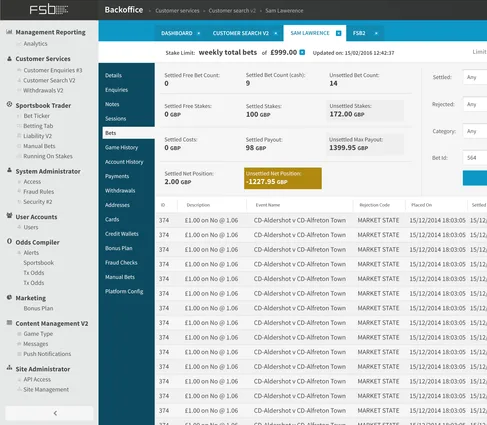 FSB back-office dashboard showing account and operational controls