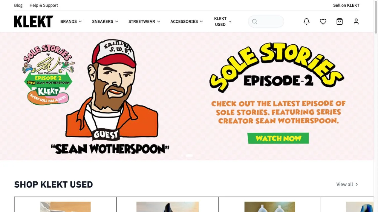 Current Klekt marketplace homepage with navigation, campaign artwork and product discovery