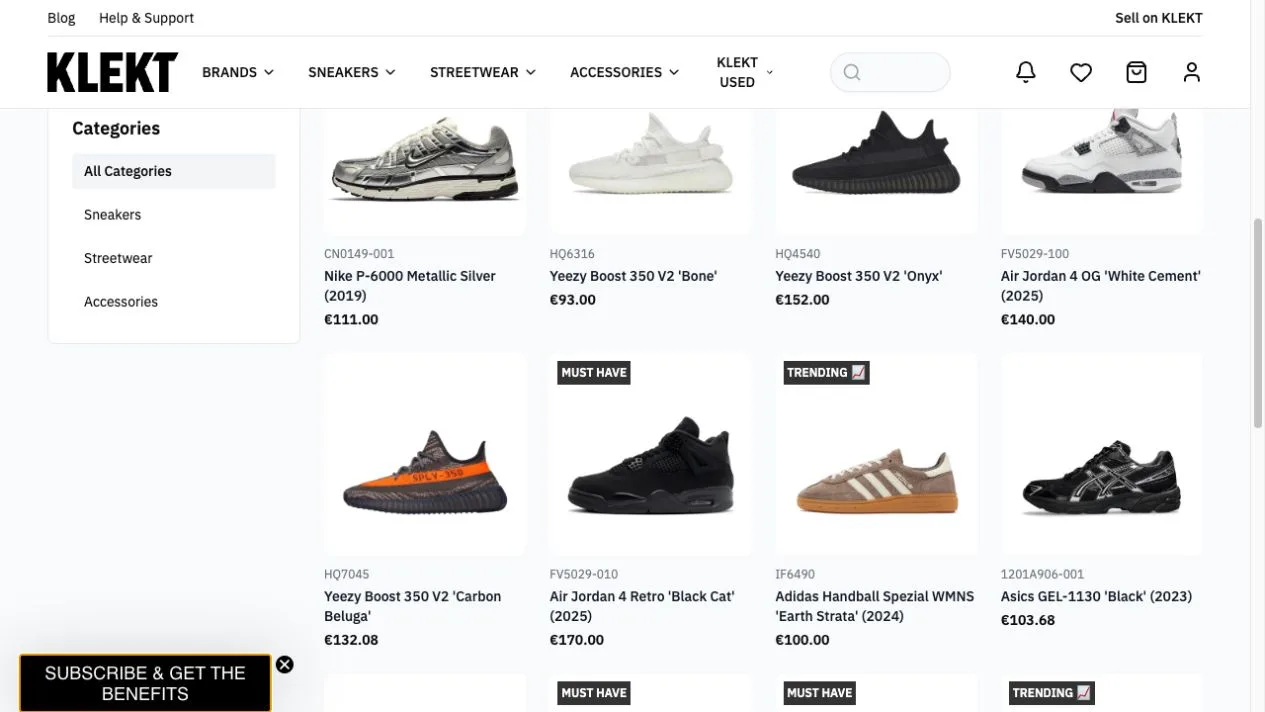 Current Klekt product catalogue with category filters and a grid of authenticated footwear