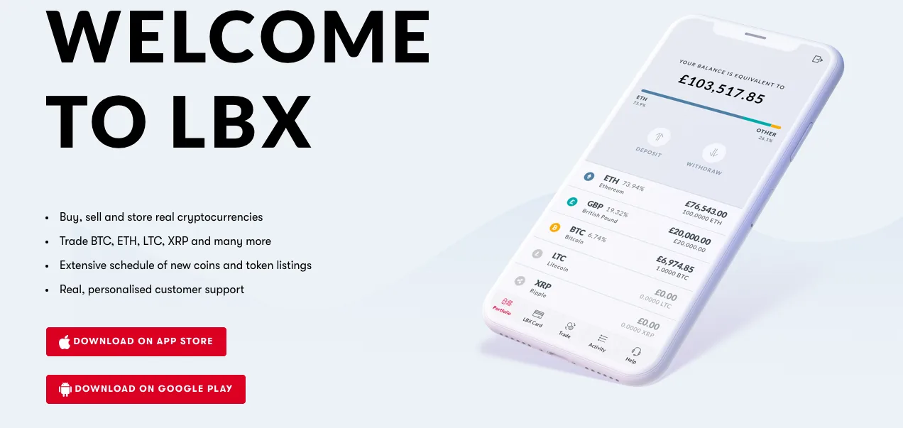 LBX exchange interface showing account balances and cryptocurrency prices