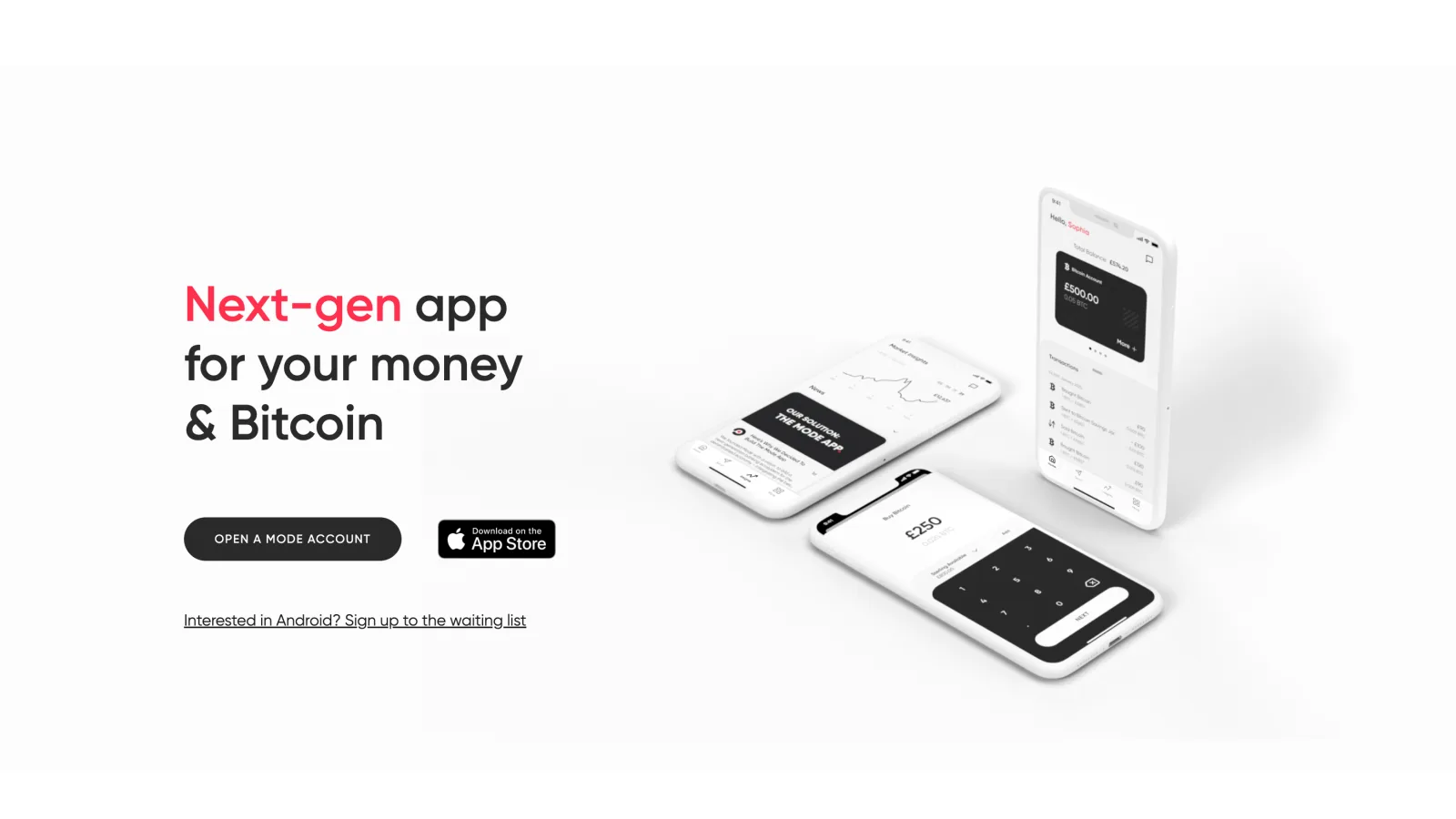Archived Mode Banking homepage section introducing its money and Bitcoin mobile app